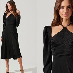 NWOT ASTR The Label CINCHED HALTER TIE SATIN MIDI DRESS In Black Size XS